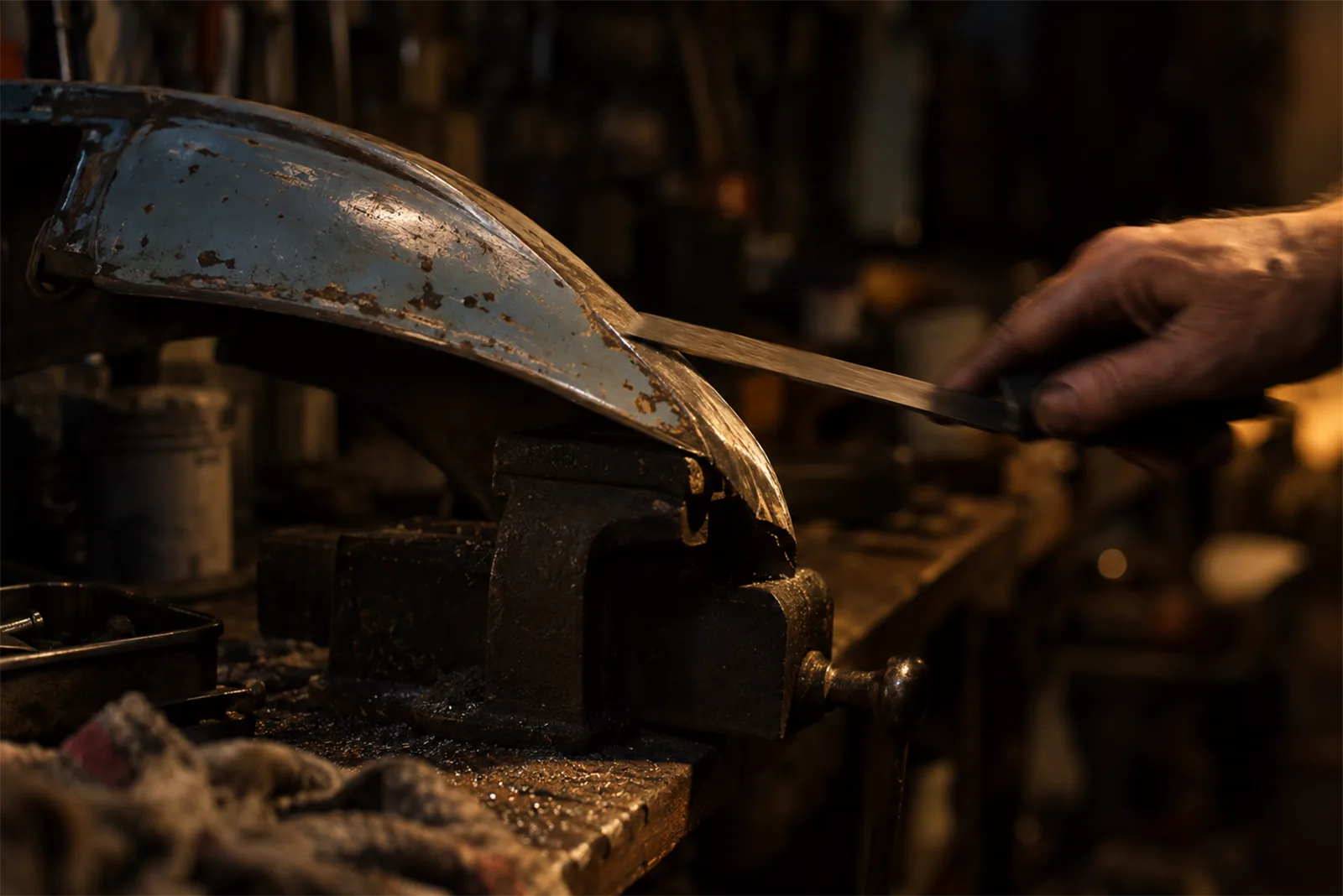 A scooter panel clamped in a bench vice, worked with a hand file under a single lamp