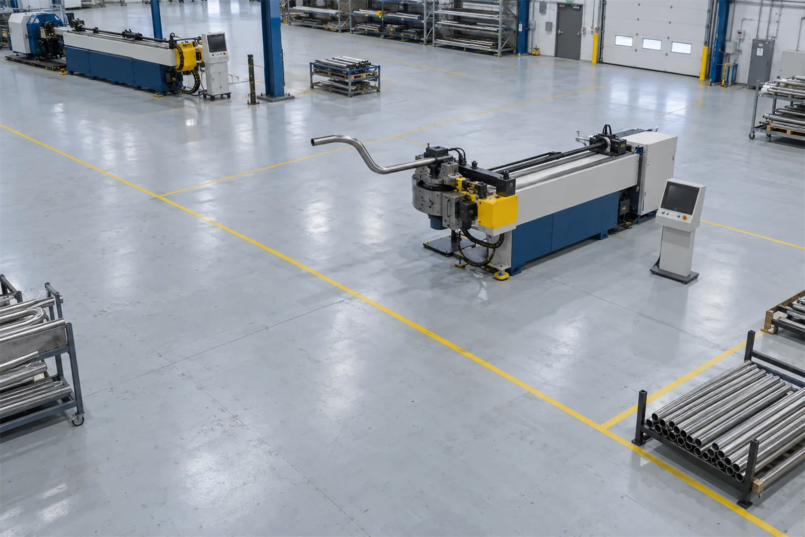 A CNC pipe bending machine on an open factory floor with a formed stainless steel tube in the die